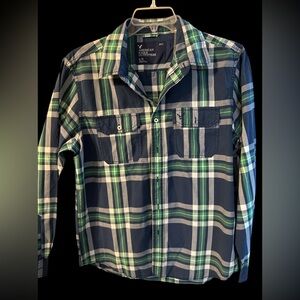 American Eagle Outfitters Men's Navy and Green Plaid Shirt